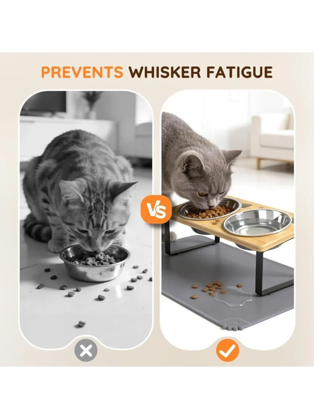 Elevated Stainless Steel Cat Bowls with Mat - Anti-Vomiting, Whisker Fatigue